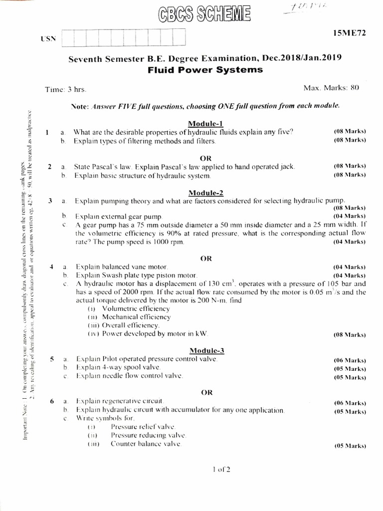 Fluid Power Systems Answer FIVE Full Questions, Choosing ONE Full