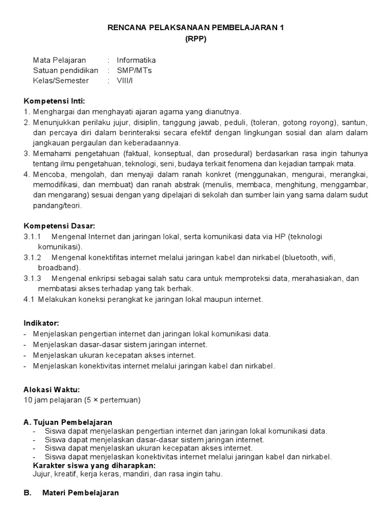 RPP Informatika Kelas VIII: Internet & Jaringan | PDF | Komputer