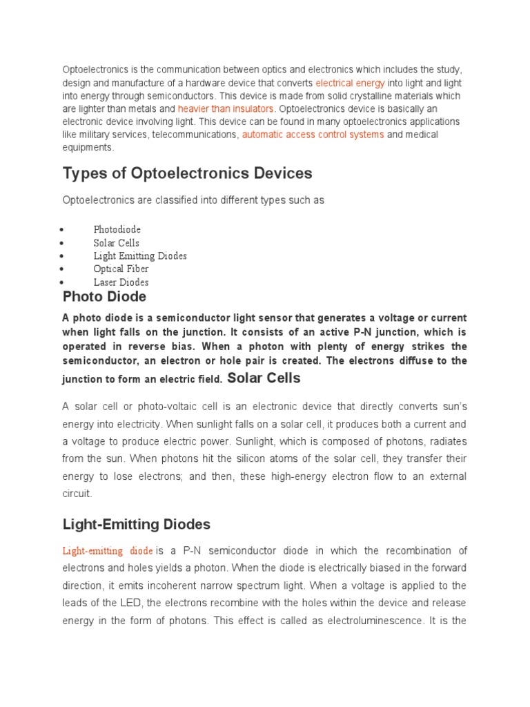 Types of Optoelectronics Devices Photo Diode PDF Light Emitting