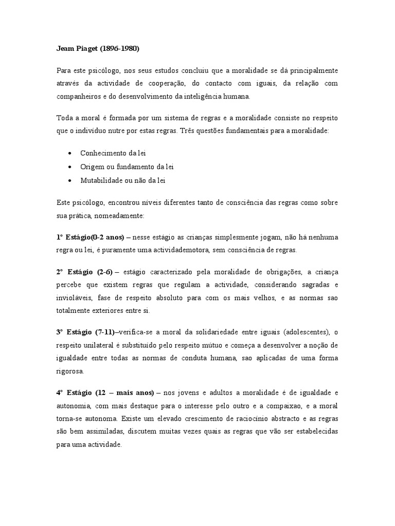 Desenvolvimento Moral: Piaget e Kohlberg | PDF | Moralidade | Ética ...