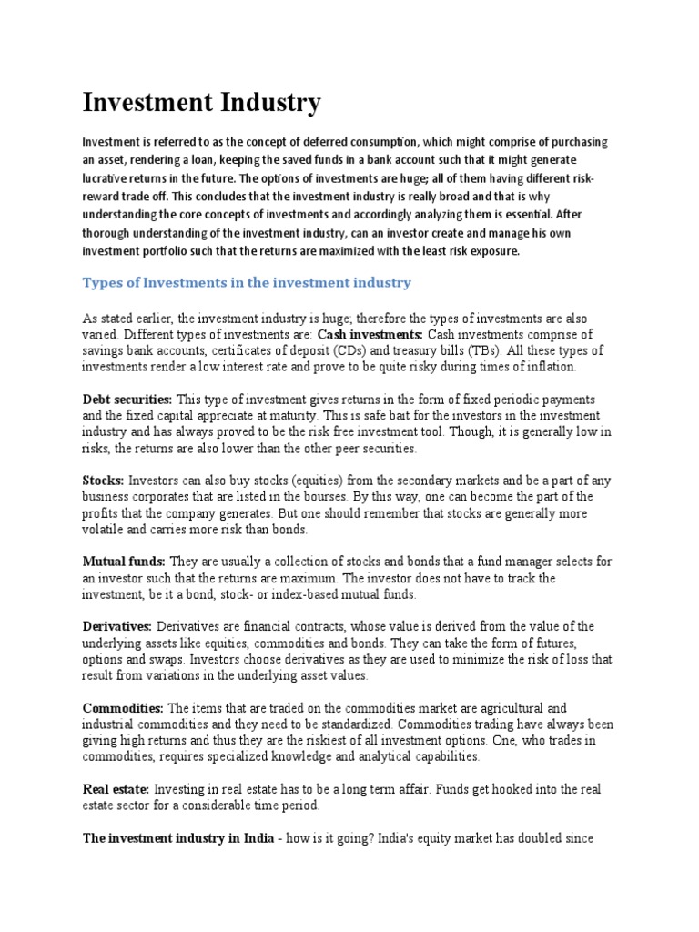 Types of Investments in The Investment Industry PDF Securities