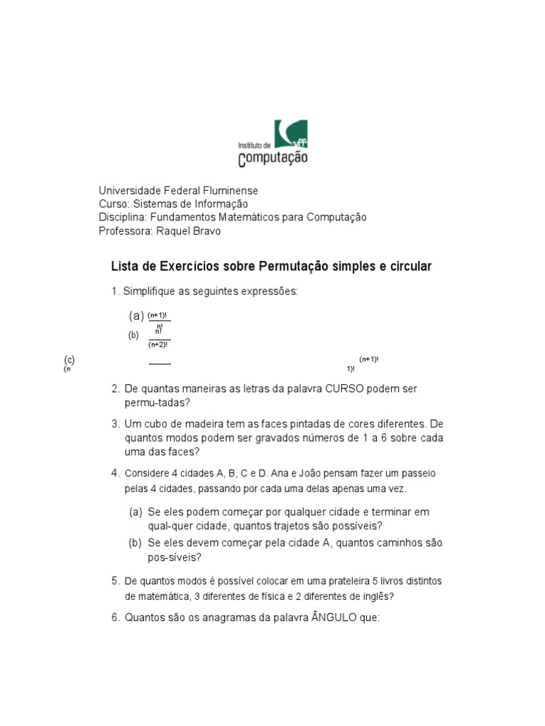 Exercícios de Permutação Simples e Circular | PDF | Artes Linguísticas ...