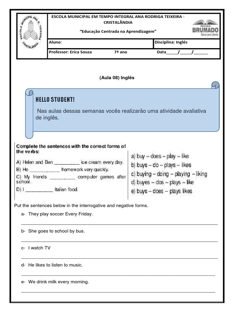 ATIVIDADE AVALIATIVA (INGLÊS) 7º Ano PARTE 1 | PDF