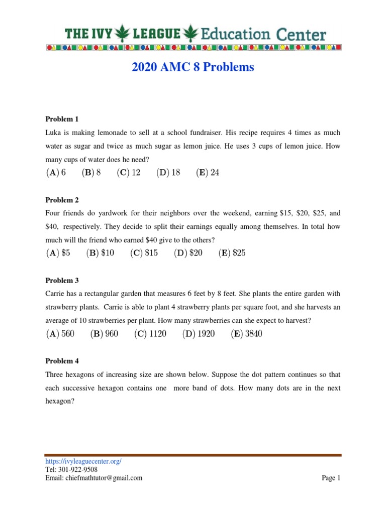 2020 Amc 8 Problems and Answers 1 PDF Area Mathematics