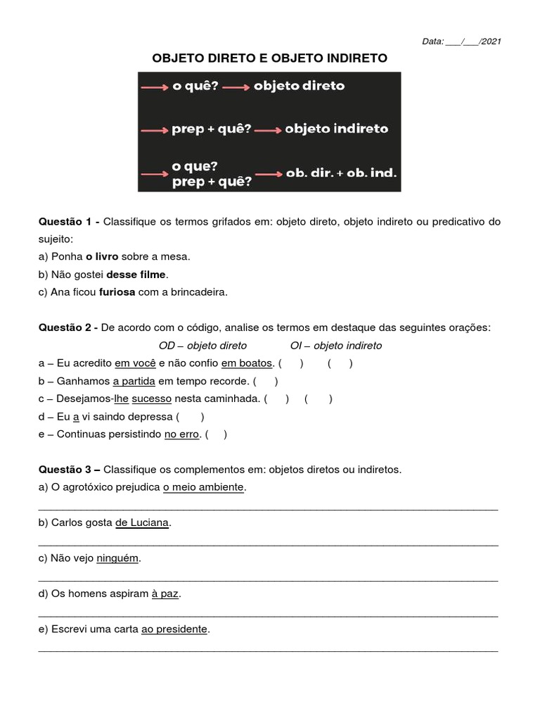Atividades sobre Objeto Direto e Indireto | PDF | Arte