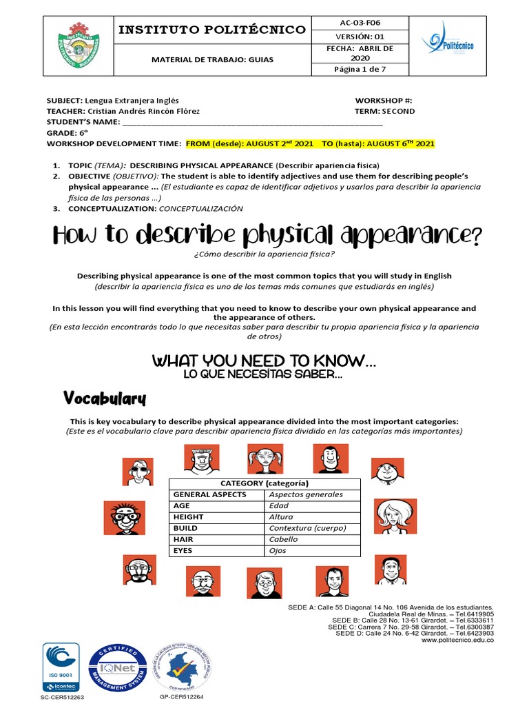 Describing Physical Appearance PDF Apariencia humana