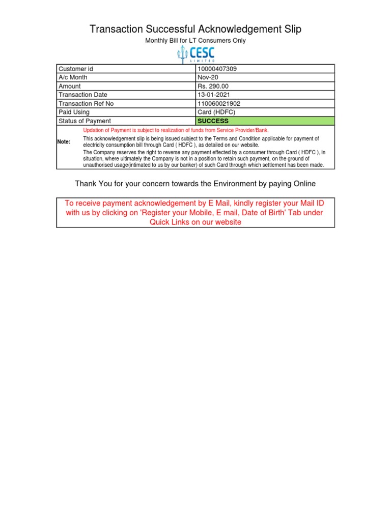 Successful Transaction Acknowledgement Slip | PDF