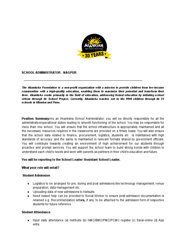 School Administrator Role at Akanksha | PDF | Photocopier | Laboratories