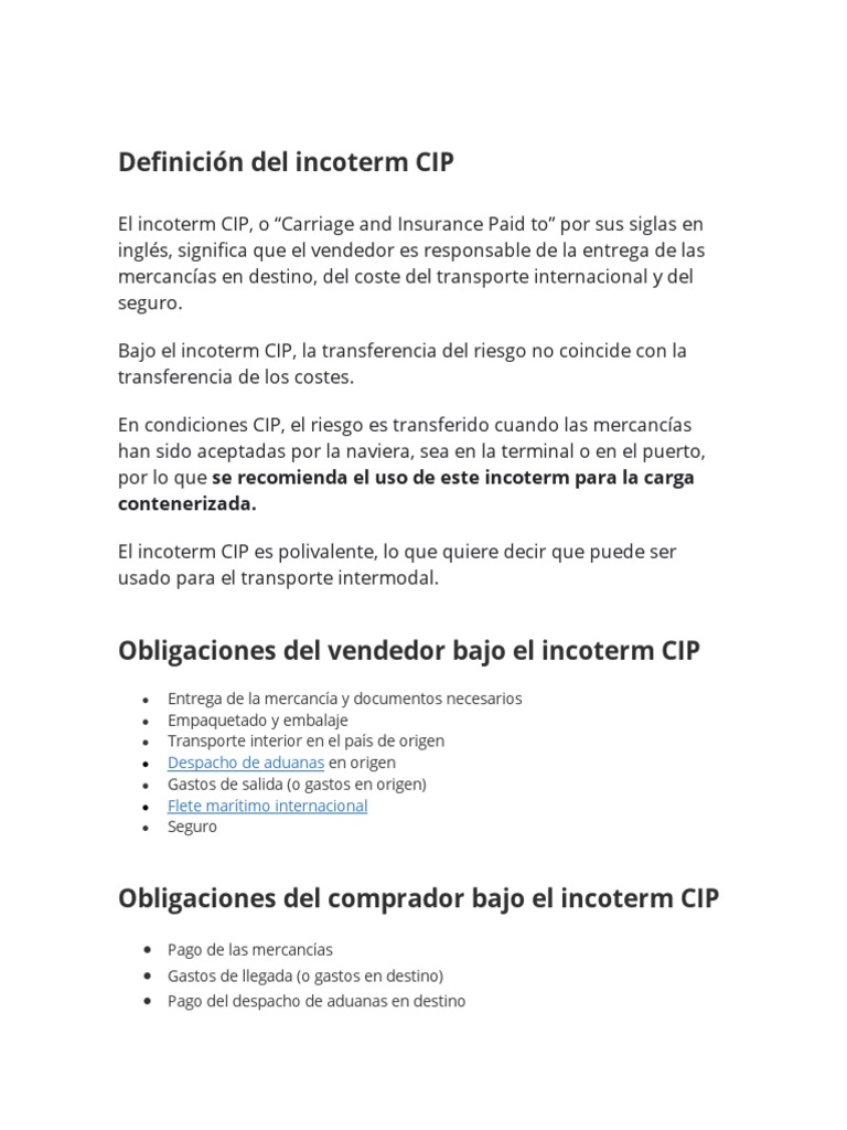 Definición del Incoterm CIP | PDF | Derecho privado | El comercio ...