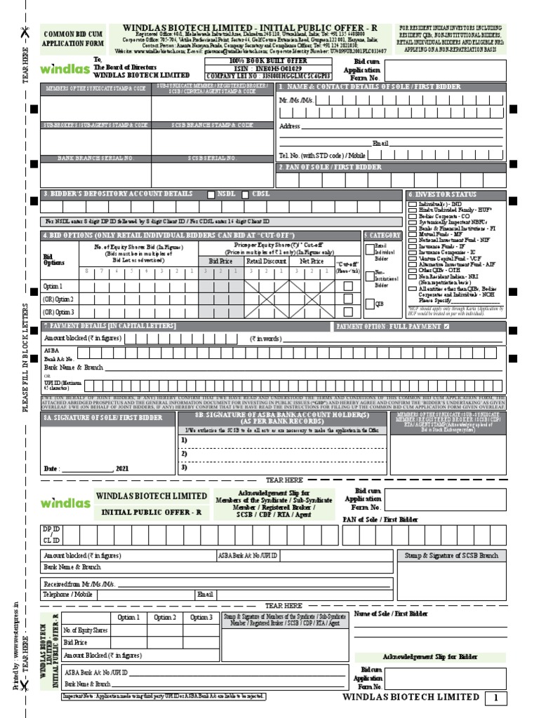 Windlas Biotech Limited NR Form & Abridge PDF Stocks Securities