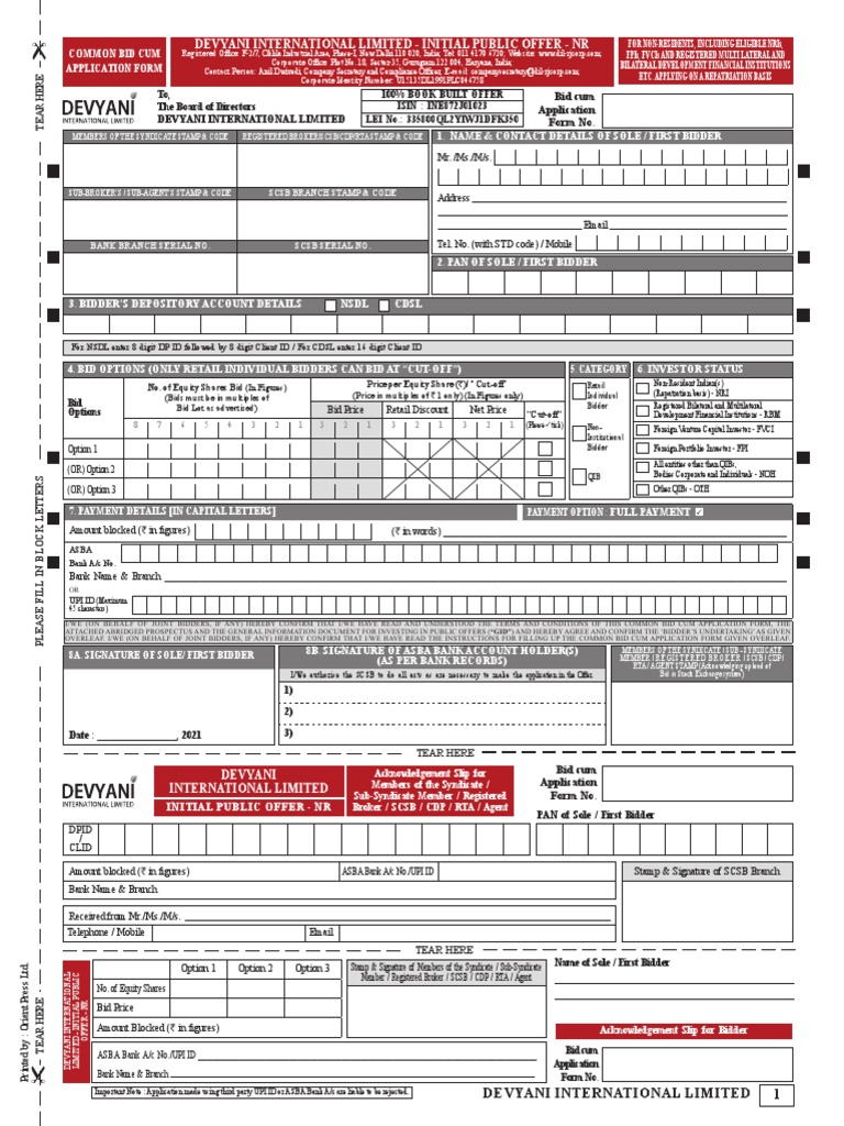 Devyani IPO Bid Application Form | PDF | Securities Act Of 1933 | Stocks