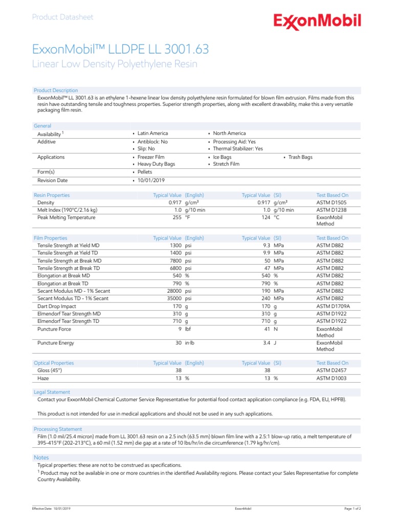 Exxonmobil™ Lldpe LL 3001.63: Linear Low Density Polyethylene Resin ...