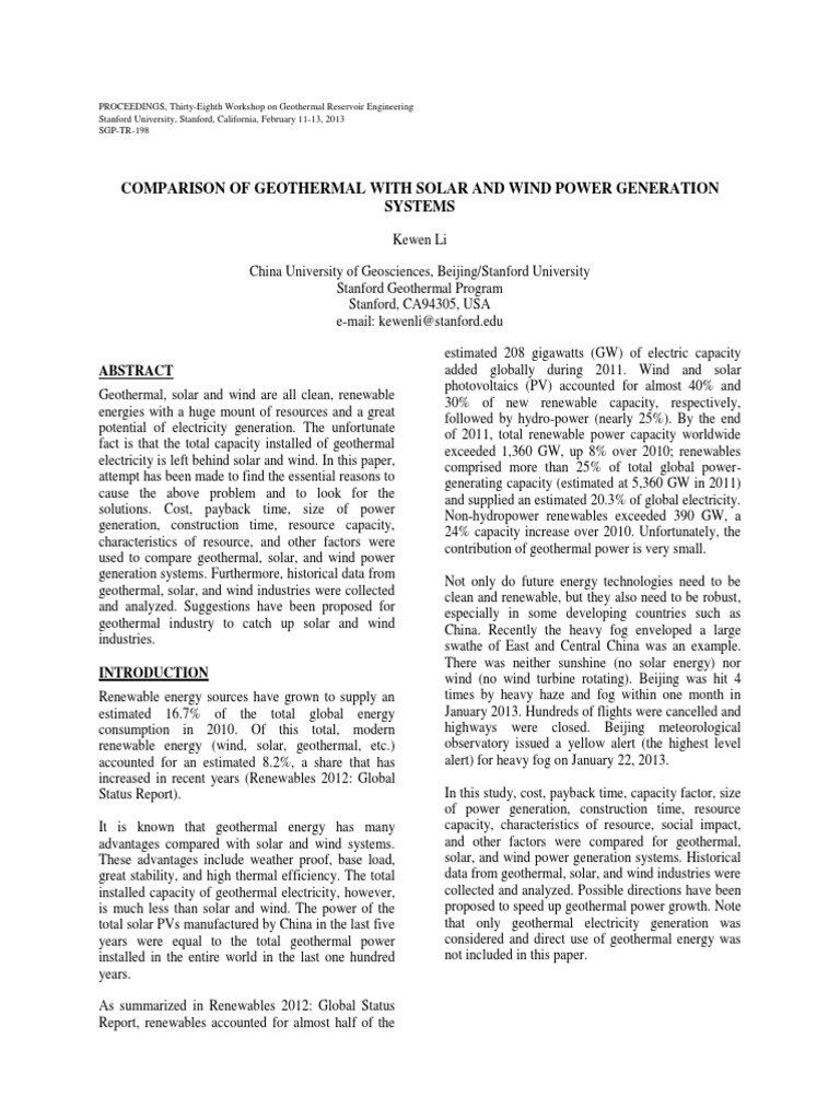 Geothermal vs. Solar and Wind Energy Comparison | PDF | Wind Power ...