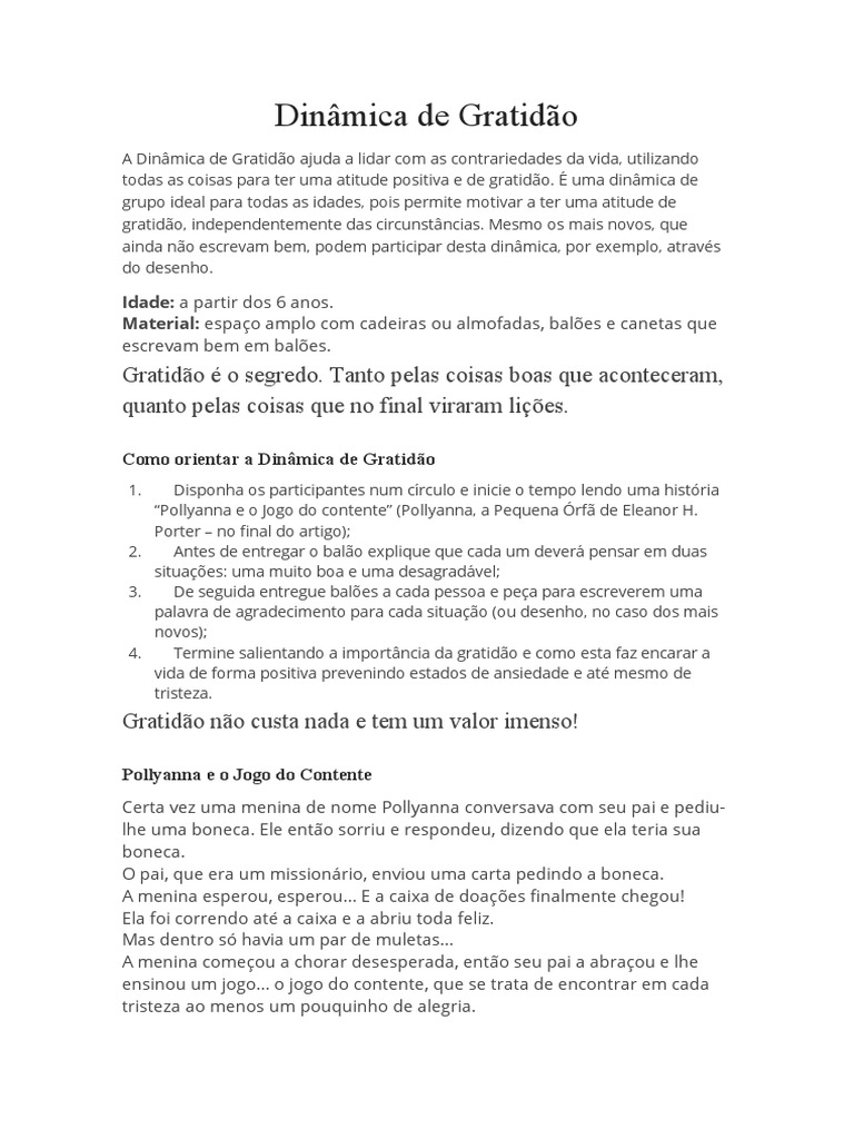 Dinâmica de Gratidão para Todas as Idades | PDF
