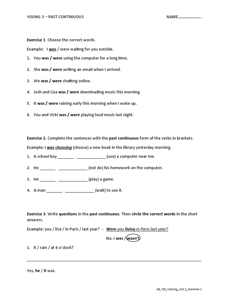 Practicing the Past Continuous Tense Exercises in Identifying and