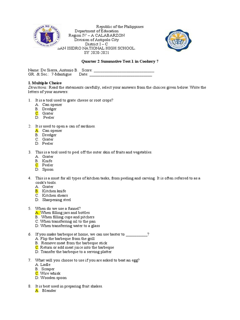 Cookery 7 Quarter 2 Summative Test | PDF | Cooking | Home