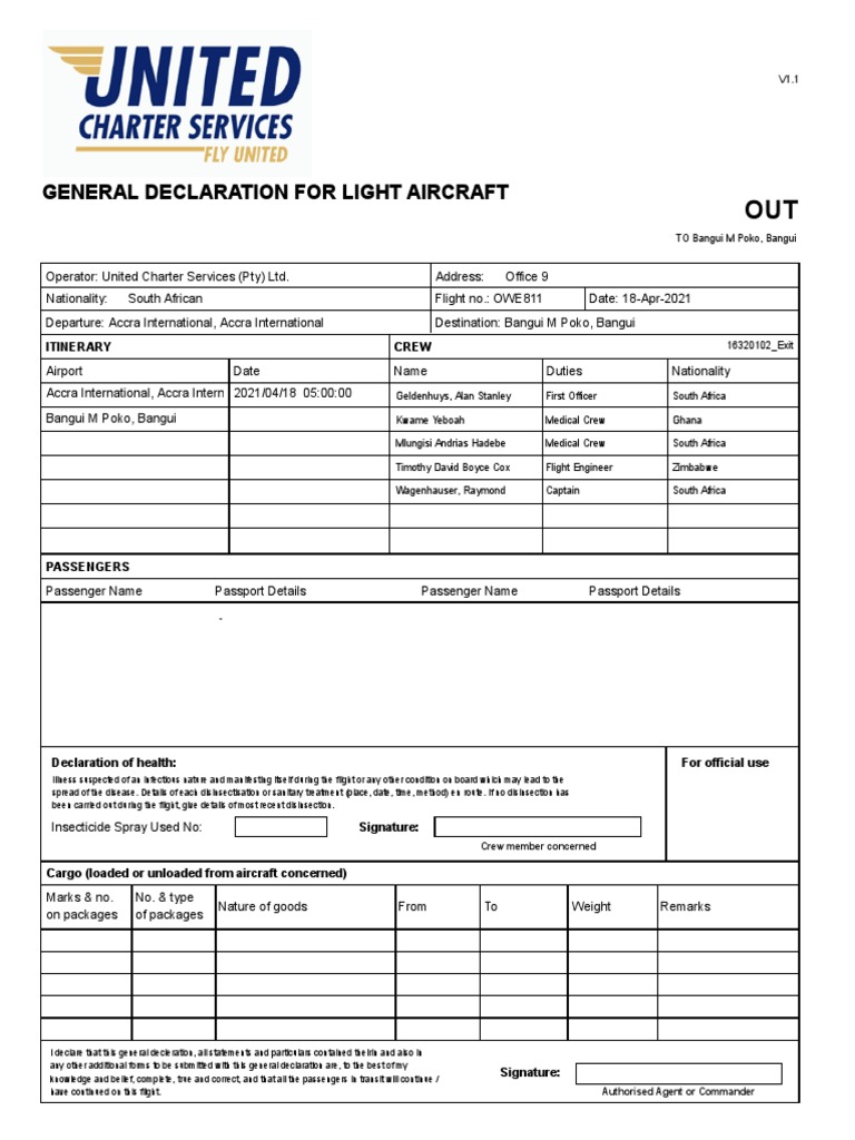 General Declaration for Flight OWE811 | PDF | Accra | Airport