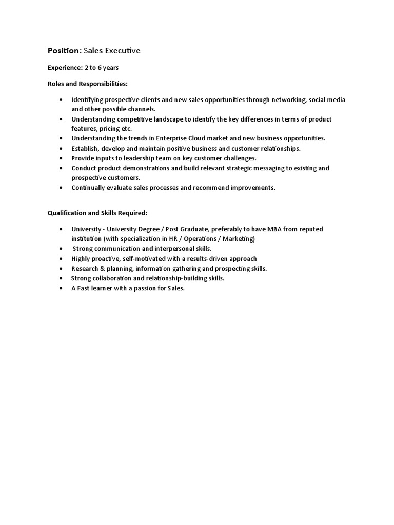 JD - Sales Executive Updated | PDF | Career & Growth