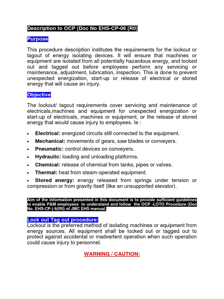 Lockout/Tagout Procedure Overview | PDF | Mechanical Engineering