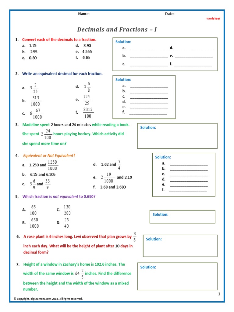 Decimals and Fractions I | PDF | Mathematical Notation | Division ...