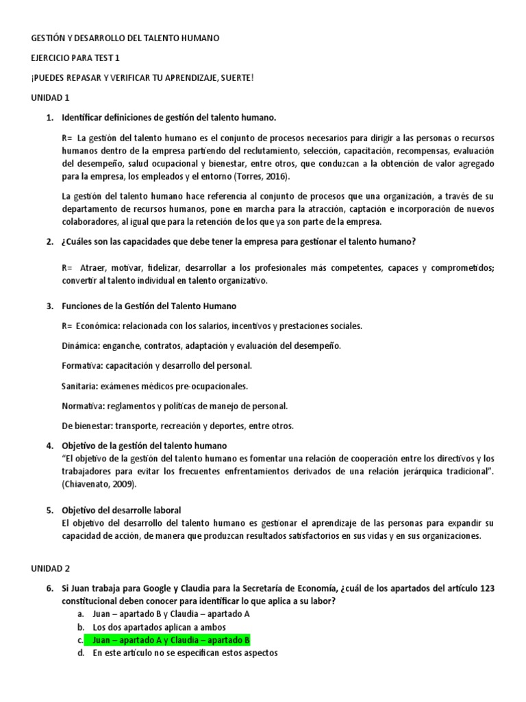 GDTH Ejercicio Test 1-Semana 2 | Download grátis PDF | Derecho laboral ...