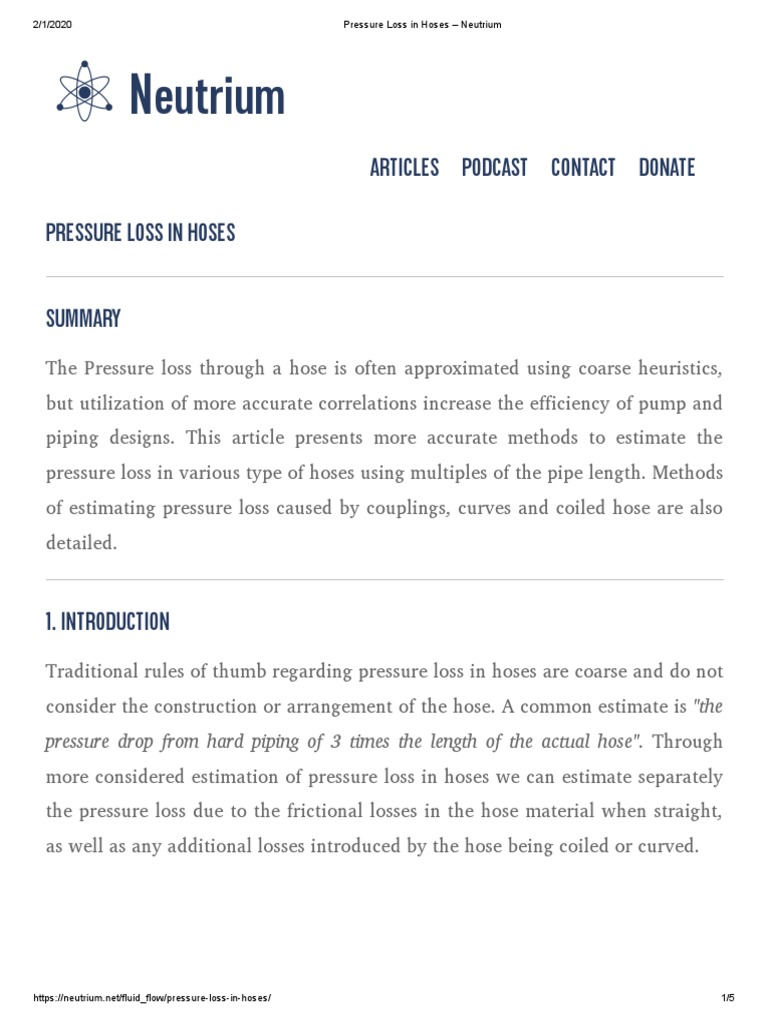 Pressure Loss in Hoses Neutrium PDF Hose Pipe (Fluid Conveyance)