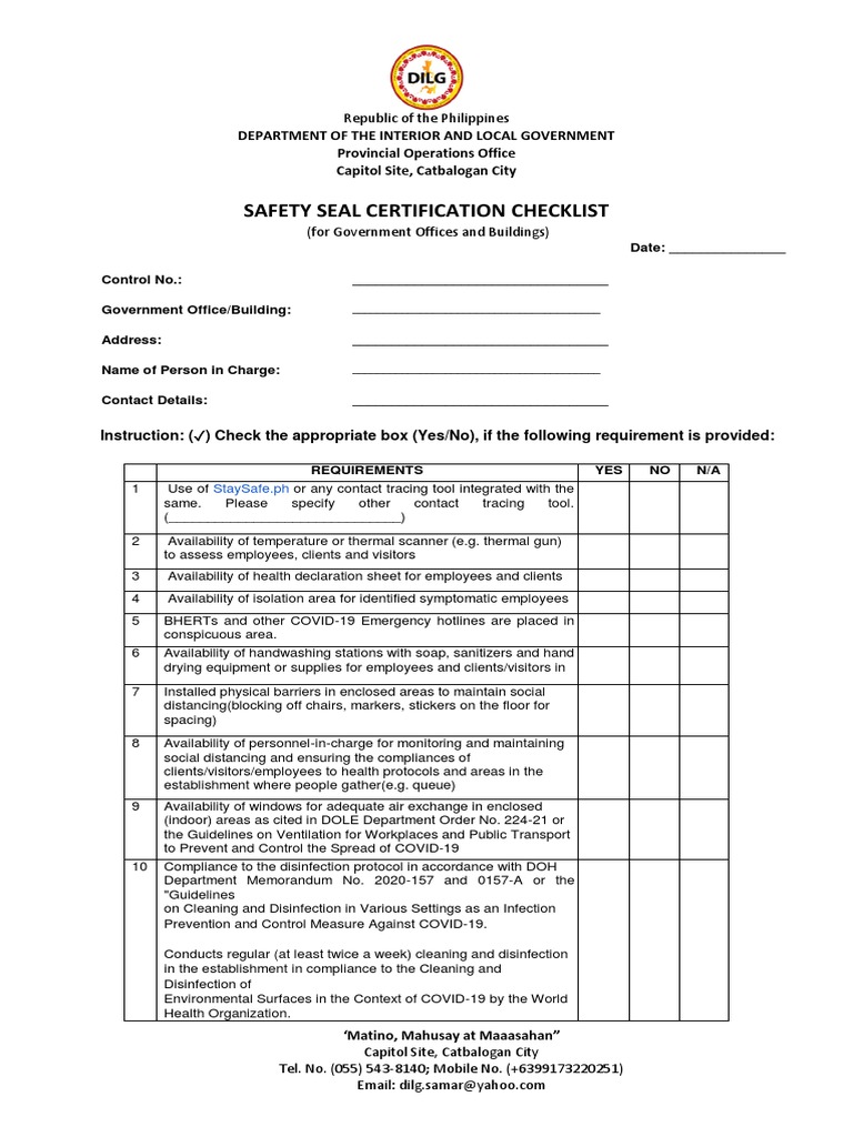 Safety Seal Certification Checklist | PDF | Clinical Medicine ...
