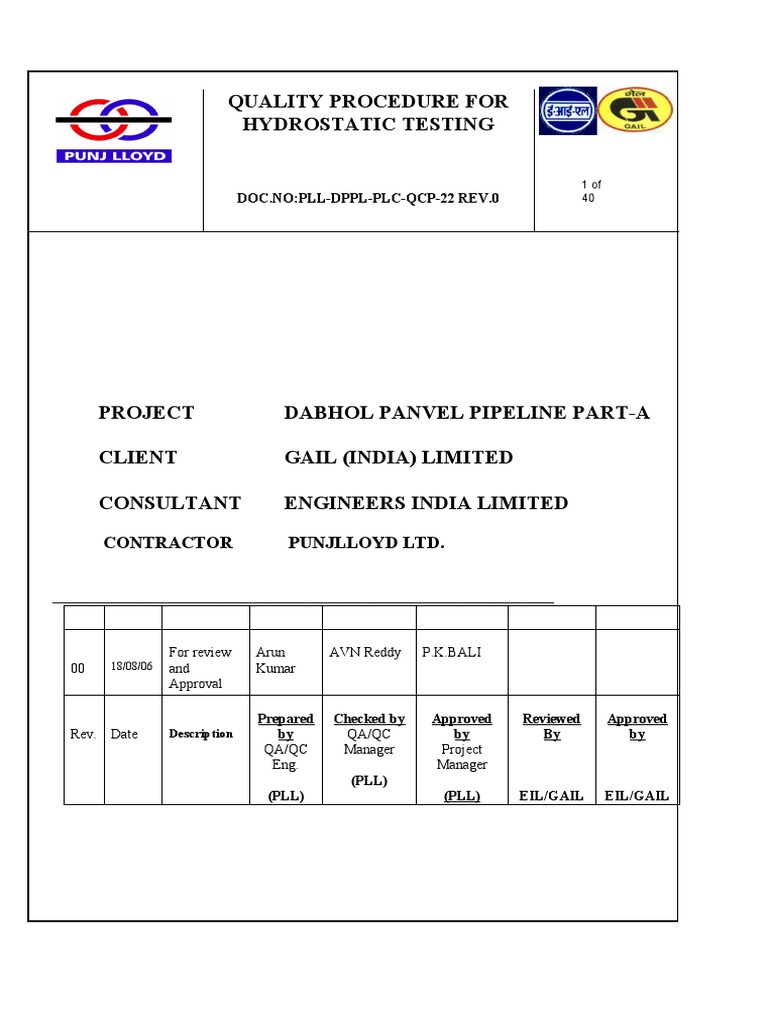 Hydrostatic Testing Quality Procedure | PDF | Leak | Calibration