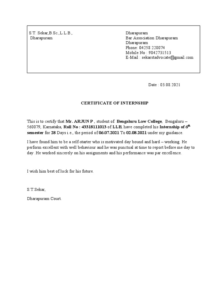 Internship Certificate for Law Student | PDF