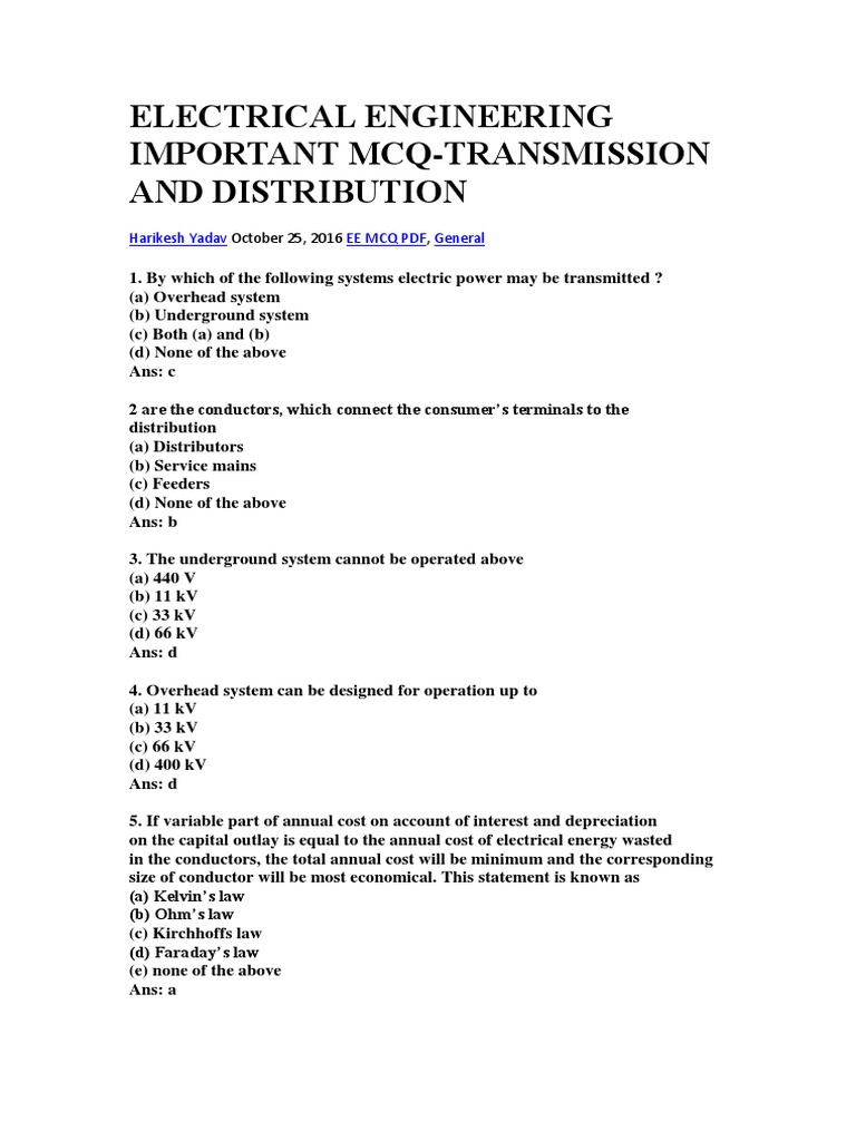 Transmission & Distribution MCQs Guide | PDF | Electric Power ...