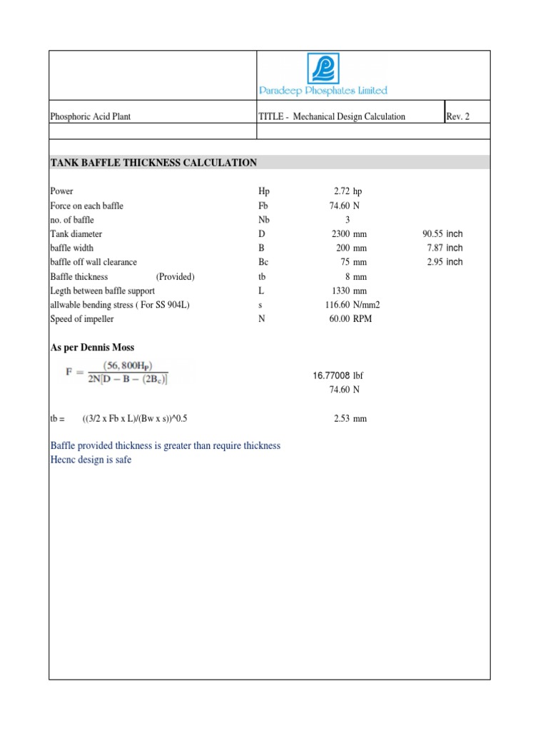 Tank Baffle Thickness Calculation Baffle Provided Thickness Is Greater