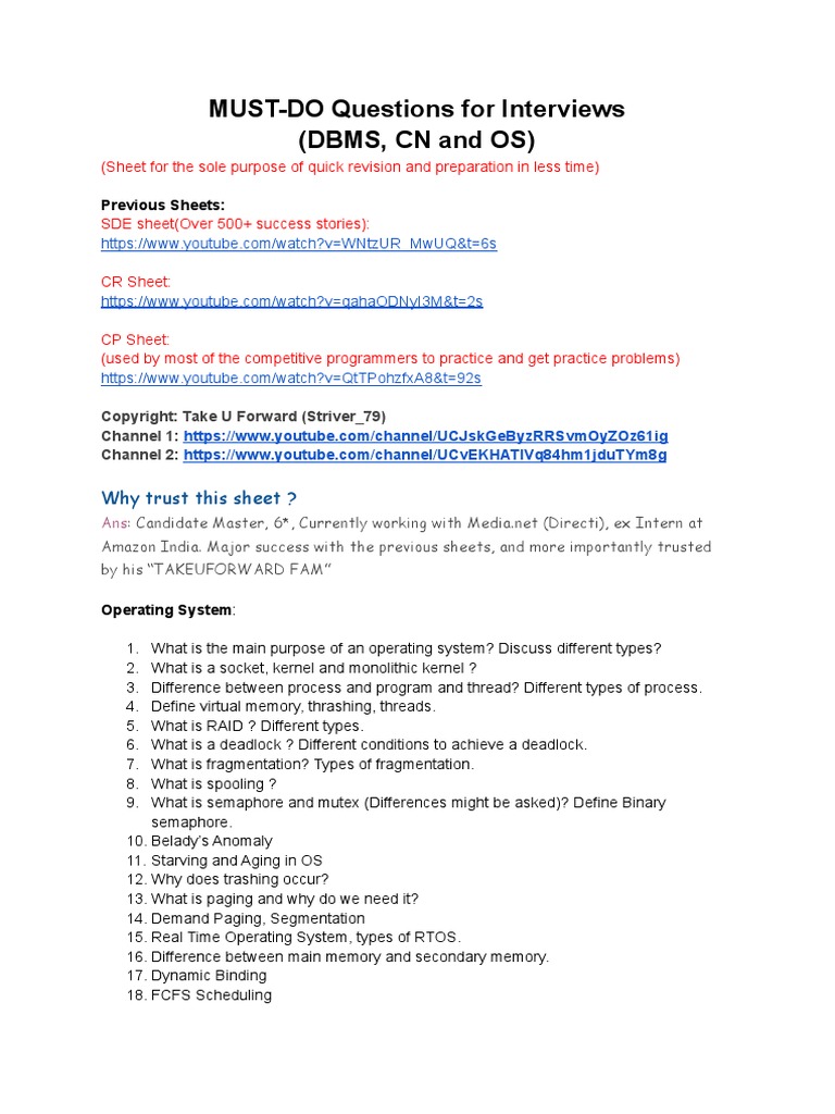 MUST-DO Questions For Interviews (DBMS, CN and OS) | PDF | Databases ...