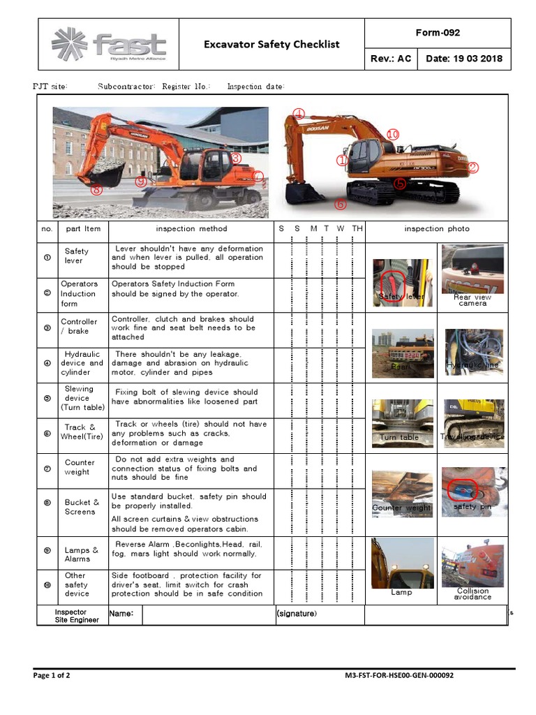 Form092Excavator Safety Checklist PDF Car Automotive Industry