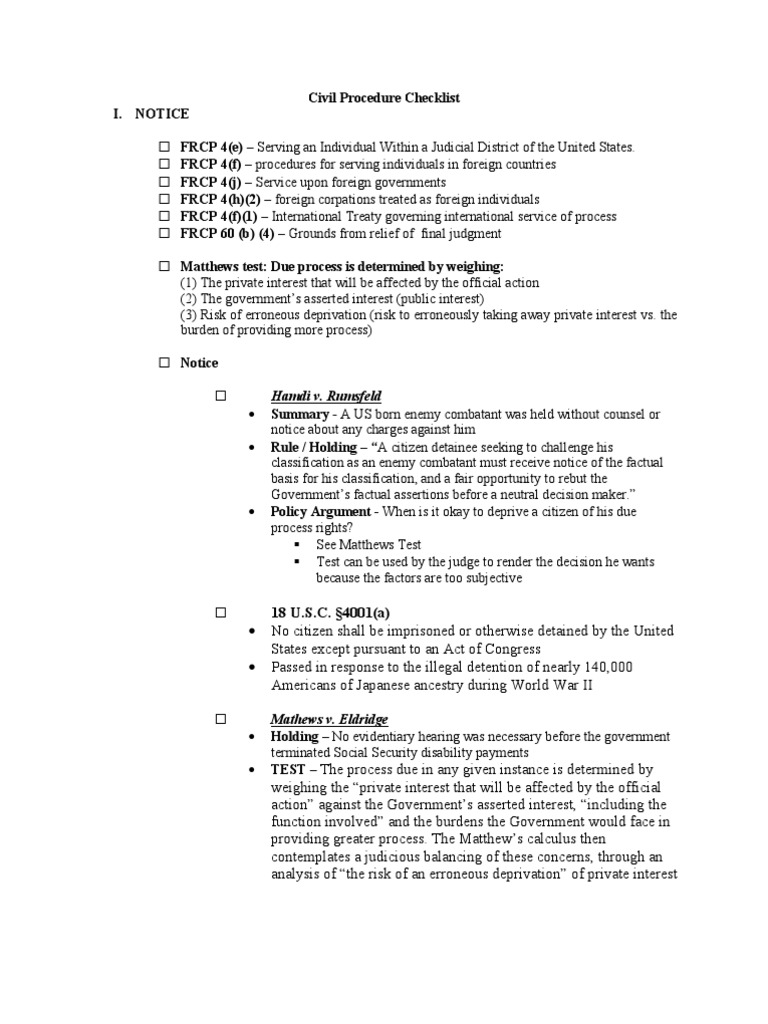 Civil Procedure Checklist Notice Service Of Process Federal Rules
