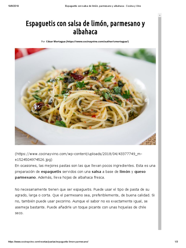 Espaguetis Con Salsa de Limón, Parmesano y Albahaca - Cocina y Vino | PDF |  Espaguetis | Salsa