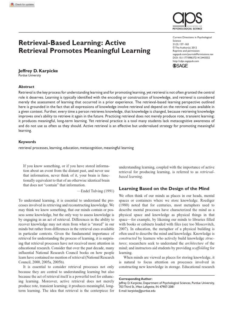 Retrieval-Based Learning: Active Retrieval Promotes Meaningful Learning ...