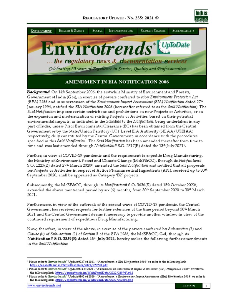 Envirotrends Regulatory Update#235 of 2021 - Amendment in EIA ...