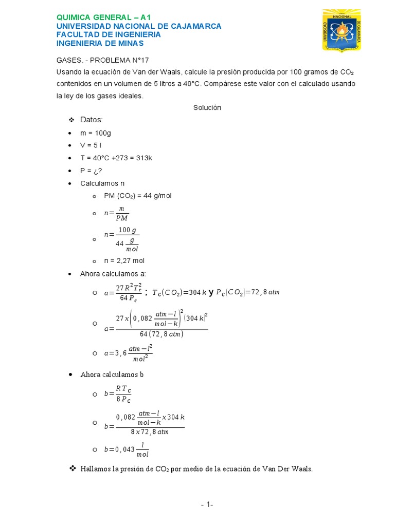 Usando La Ecuación de Van Der Waals - Ejercicio | PDF | Gases | Física