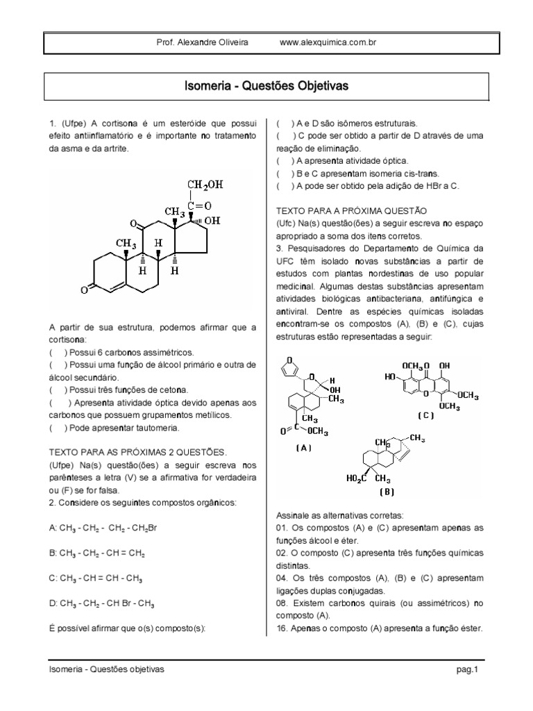 Isomeria - Questões Objetivas | PDF | Isômero | Alceno