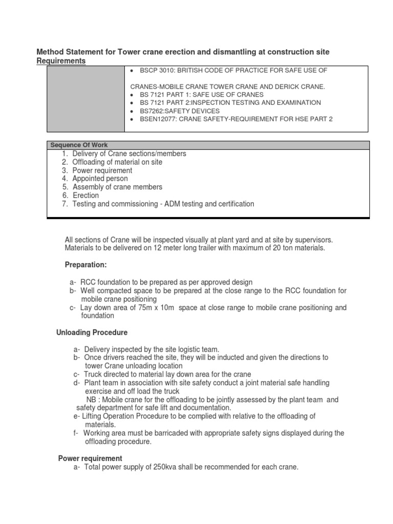 Method Statement For Tower Crane | PDF | Crane (Machine) | Manufactured ...