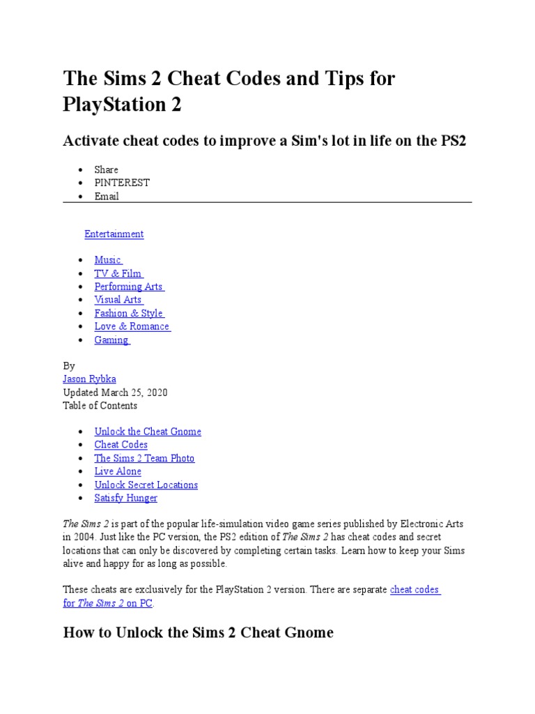 All Sims 2 Cheat Codes 1.0 Free Download