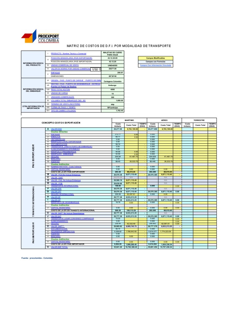Matriz de Costo DFI Modalidad Transporte | PDF | Arancel | aduana
