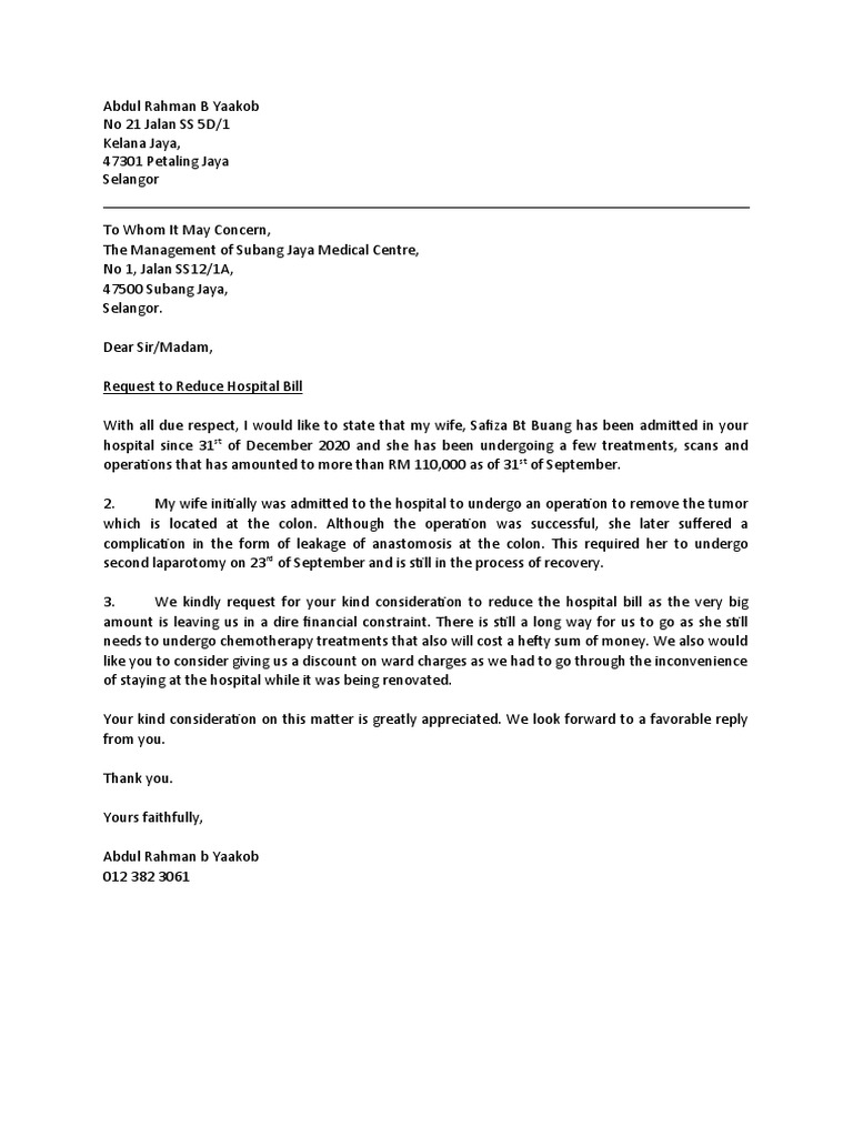 A Letter To Request For A Hospital Discount PDF