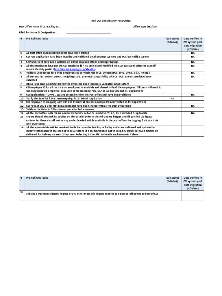 Post Office Rollout Checklist | PDF | Point Of Sale | Computing