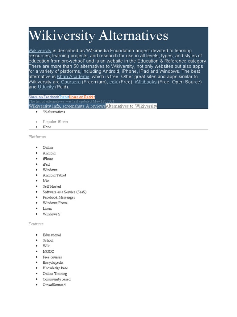 Top 56 Alternatives to Wikiversity | PDF | Massive Open Online Course ...