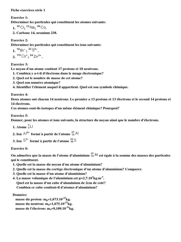 Exercices sur les atomes et ions | PDF | Éléments chimiques | Atomes