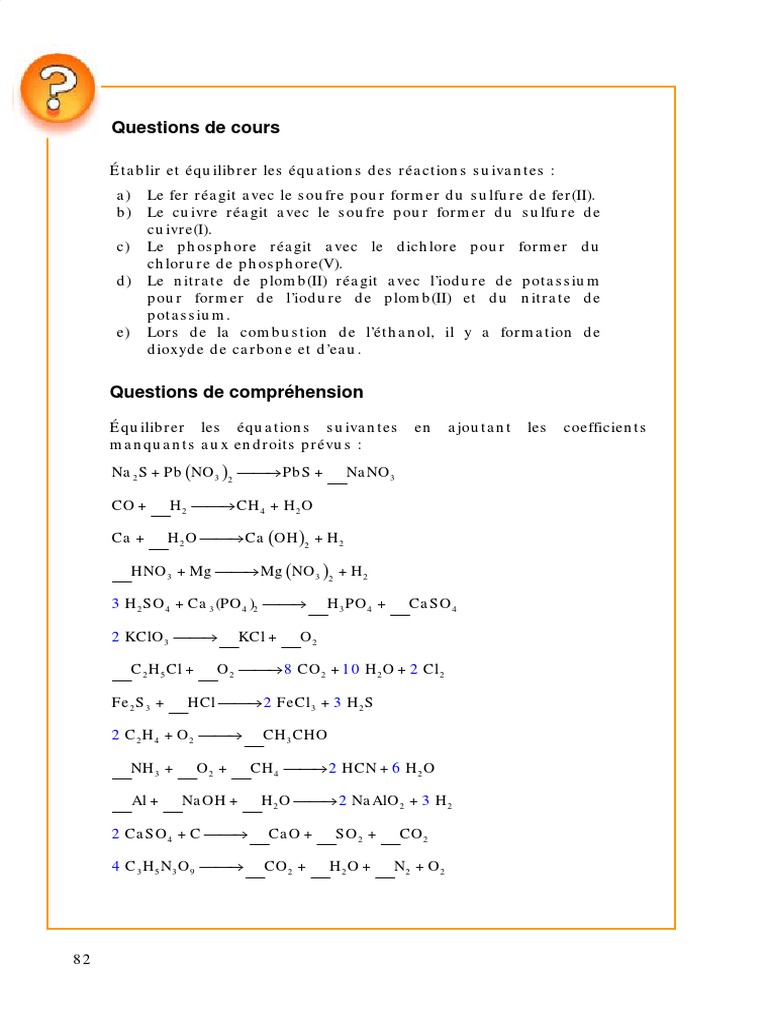 Exercices Équations Chimiques | PDF | Acide chlorhydrique | Acide ...