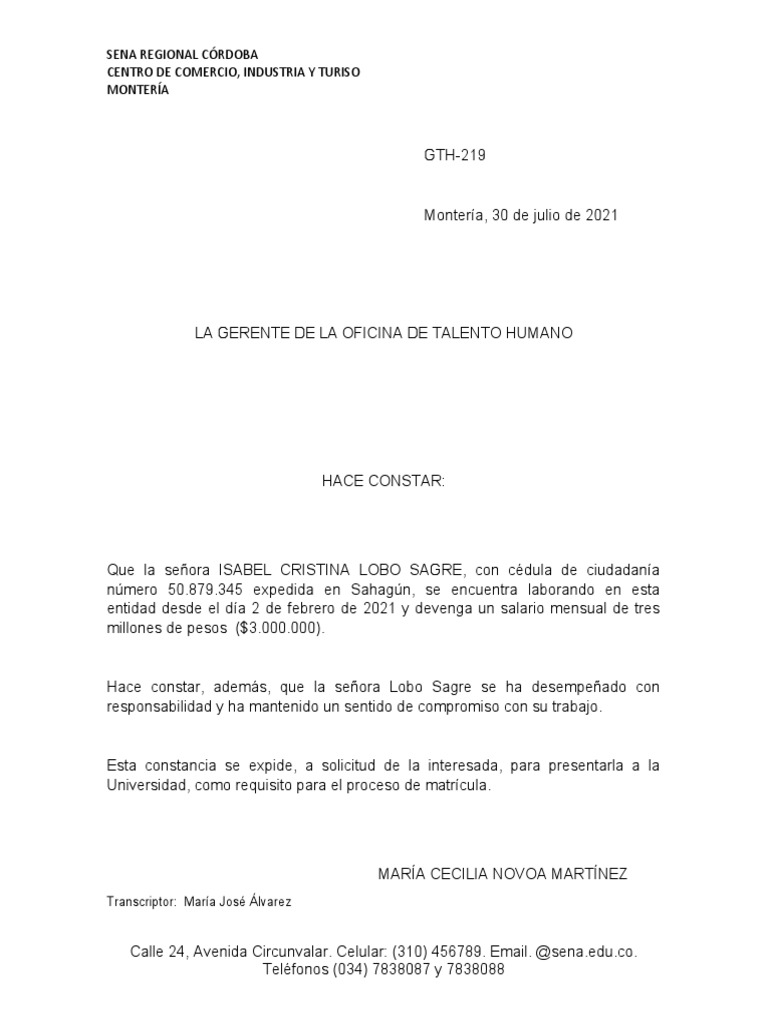 Constancia Laboral Isabel Lobo S. | PDF