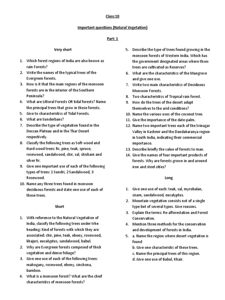 Important Questions on Natural Vegetation | PDF | Forests | Trees