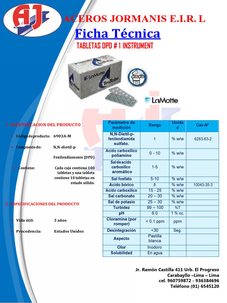 Ficha Tecnica de Tabletas DPD # 1 Instrument - A | PDF | Agua | Cloro